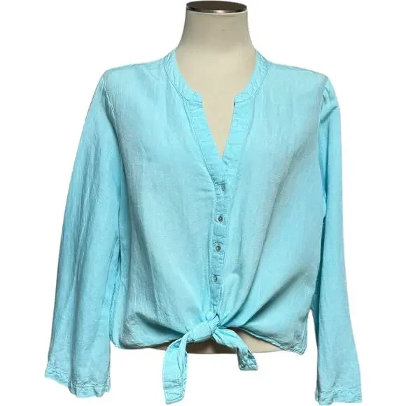 Boston Proper Linen Flare Sleeve Tie Front Top Aqua Splash Blue XL - Picture 2 of 8